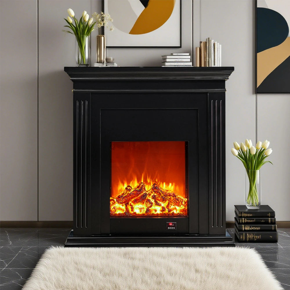 LIVARA 701 Solid Wood Electric Fireplace TV Console - 3D Flame Effect, Remote Control, Choice of 12W Decorative Core or 750–1500W Heating Core - Black