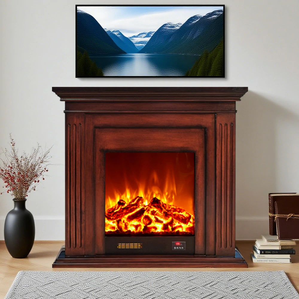 LIVARA 701 Solid Wood Electric Fireplace TV Console - 3D Flame Effect, Remote Control, Choice of 12W Decorative Core or 750–1500W Heating Core - Brown