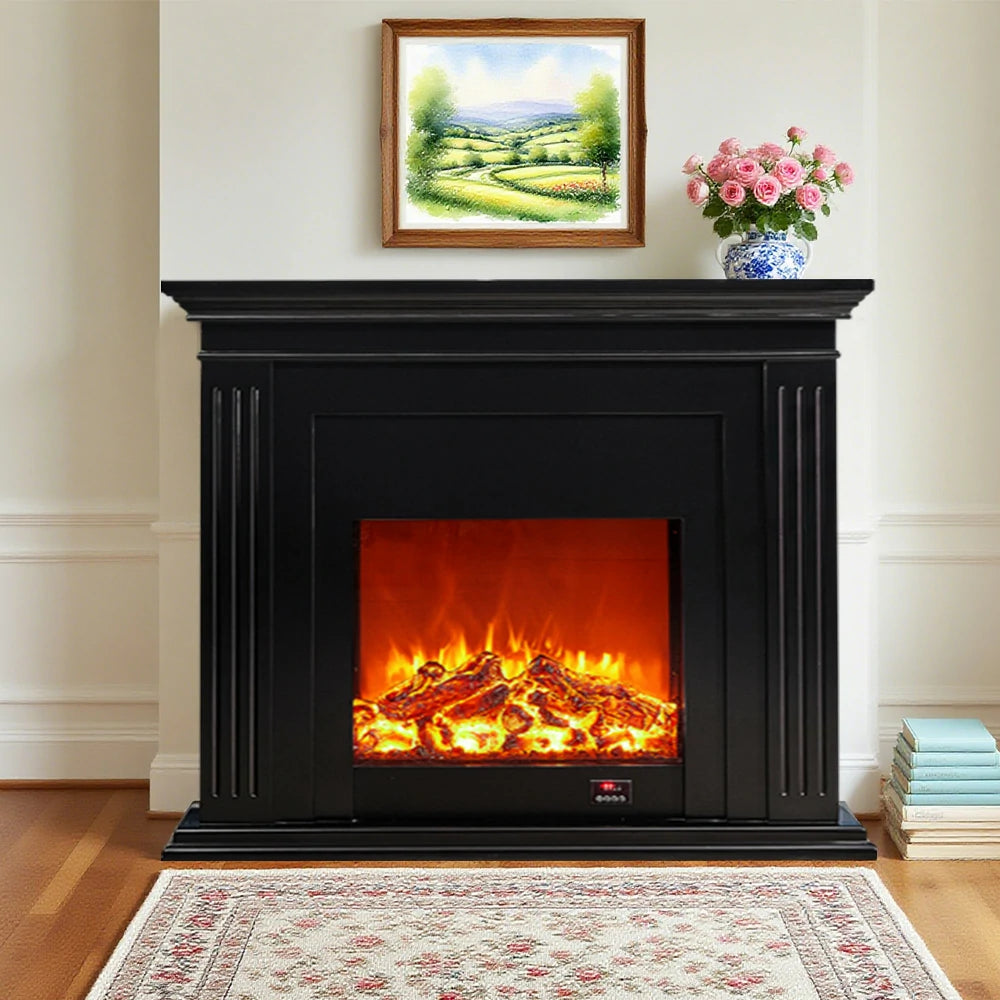 LIVARA 701 Solid Wood Electric Fireplace TV Console - 3D Flame Effect, Remote Control, Choice of 12W Decorative Core or 750–1500W Heating Core - Black