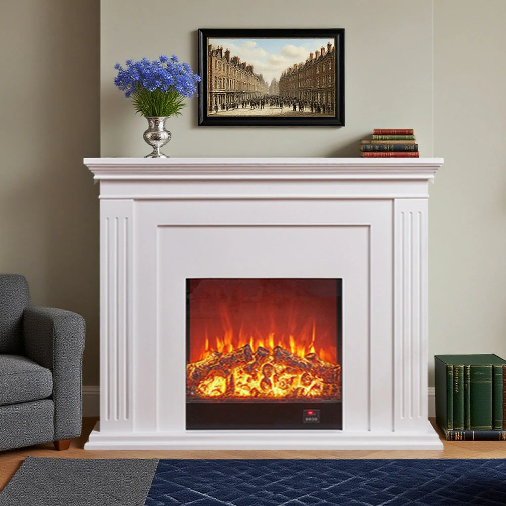 LIVARA 701 Solid Wood Electric Fireplace TV Console - 3D Flame Effect, Remote Control, Choice of 12W Decorative Core or 750–1500W Heating Core - White