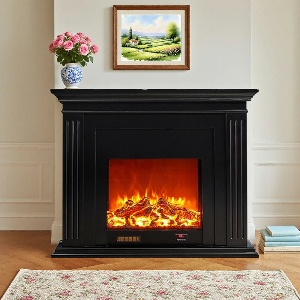 LIVARA 701 Solid Wood Electric Fireplace TV Console - 3D Flame Effect, Remote Control, Choice of 12W Decorative Core or 750–1500W Heating Core - Black