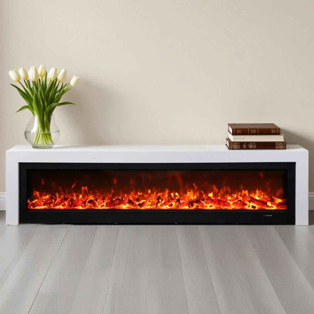 LIVARA 711 Electric Fireplace TV Cabinet - White Solid Wood Frame, 3D Flame Effect, Dual Core Options 12W/750–1500W, 180/200cm - White