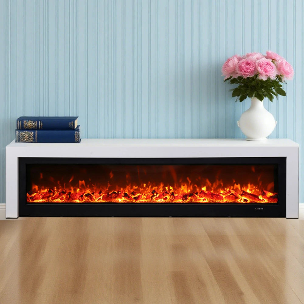 LIVARA 711 Electric Fireplace TV Cabinet - White Solid Wood Frame, 3D Flame Effect, Dual Core Options 12W/750–1500W, 180/200cm - White
