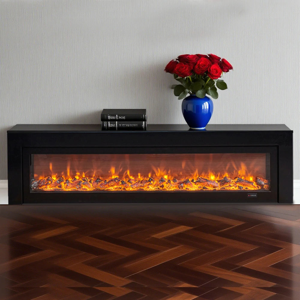 LIVARA 711 Electric Fireplace TV Cabinet - White Solid Wood Frame, 3D Flame Effect, Dual Core Options 12W/750–1500W, 180/200cm - Black