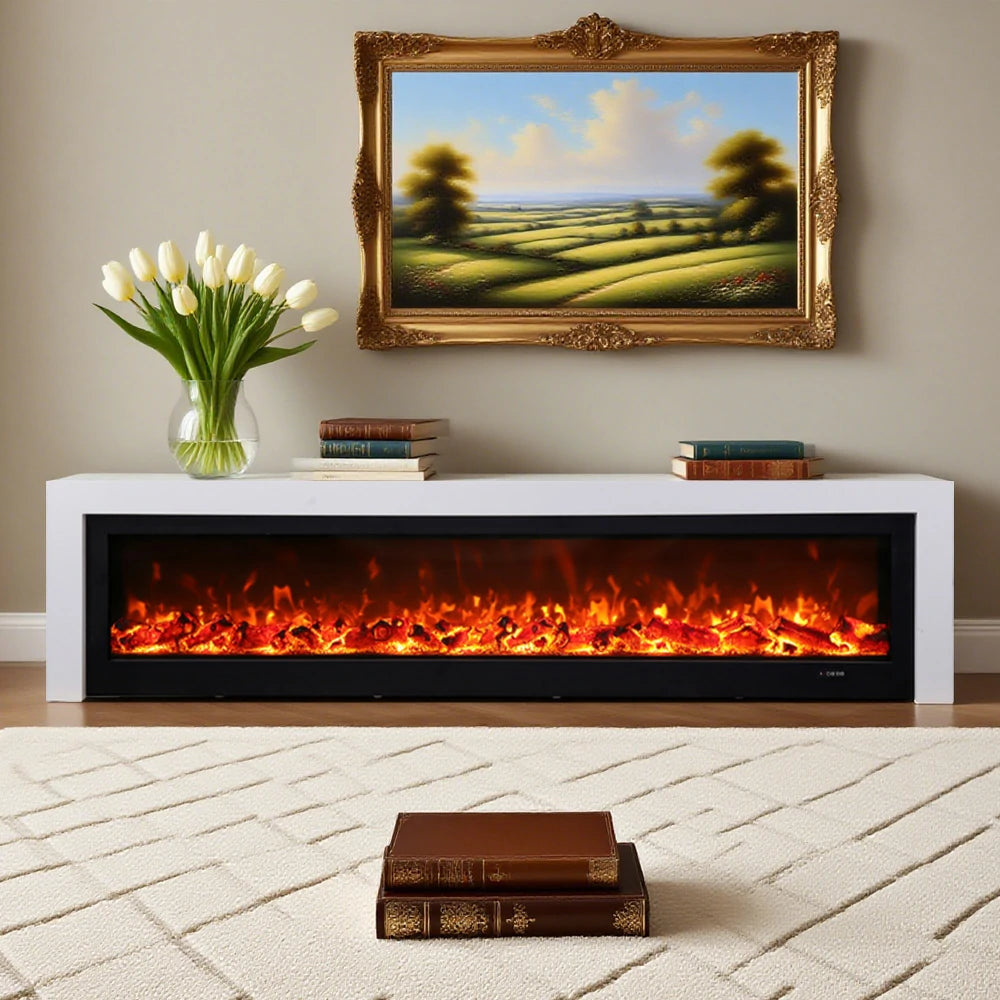 LIVARA 711 Electric Fireplace TV Cabinet - White Solid Wood Frame, 3D Flame Effect, Dual Core Options 12W/750–1500W, 180/200cm - White