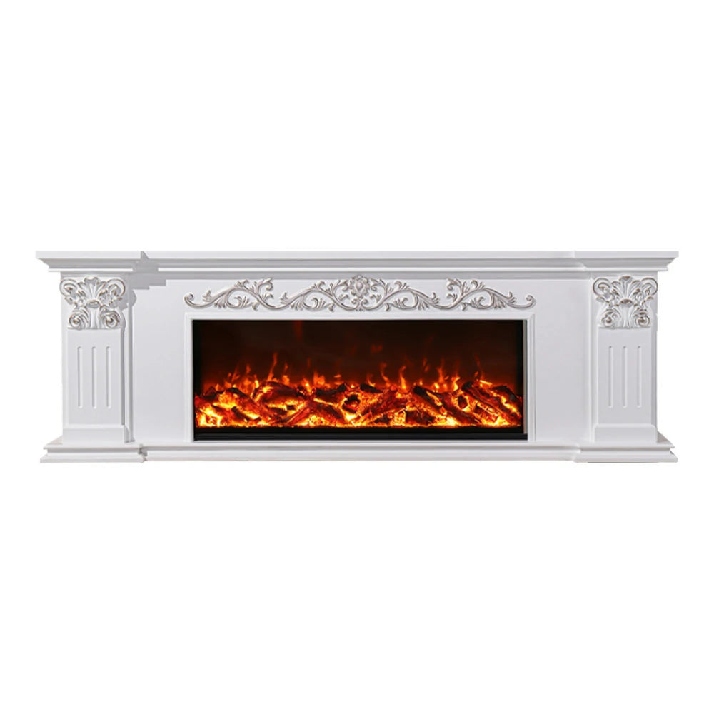 LIVARA 712 Electric Fireplace TV Cabinet – White Solid Wood Frame, 3D Flame Effect, Dual Core Options 12W/750–1500W, Remote Control, Low-Noise Design