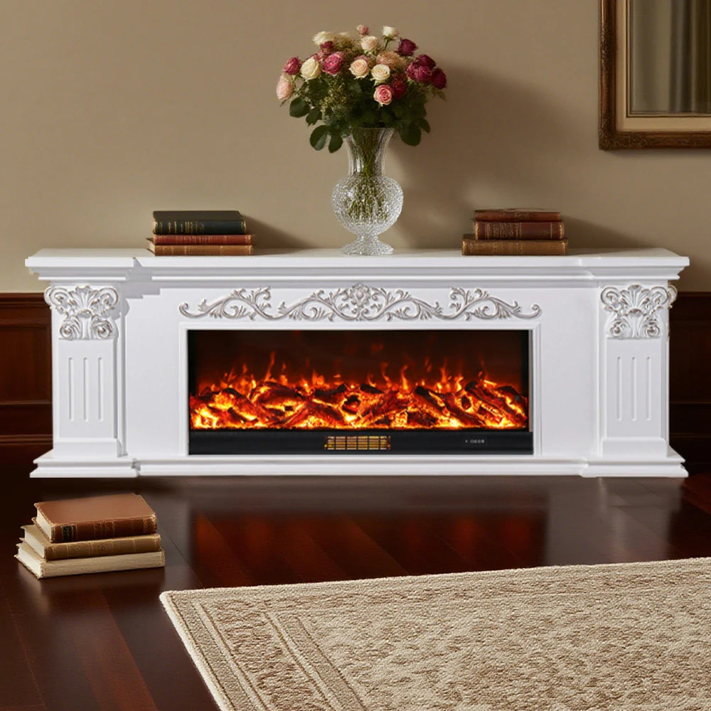 LIVARA 712 Electric Fireplace TV Cabinet – White Solid Wood Frame, 3D Flame Effect, Dual Core Options 12W/750–1500W, Remote Control, Low-Noise Design