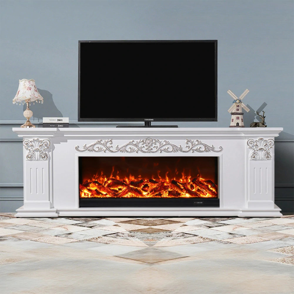 LIVARA 712 Electric Fireplace TV Cabinet – White Solid Wood Frame, 3D Flame Effect, Dual Core Options 12W/750–1500W, Remote Control, Low-Noise Design
