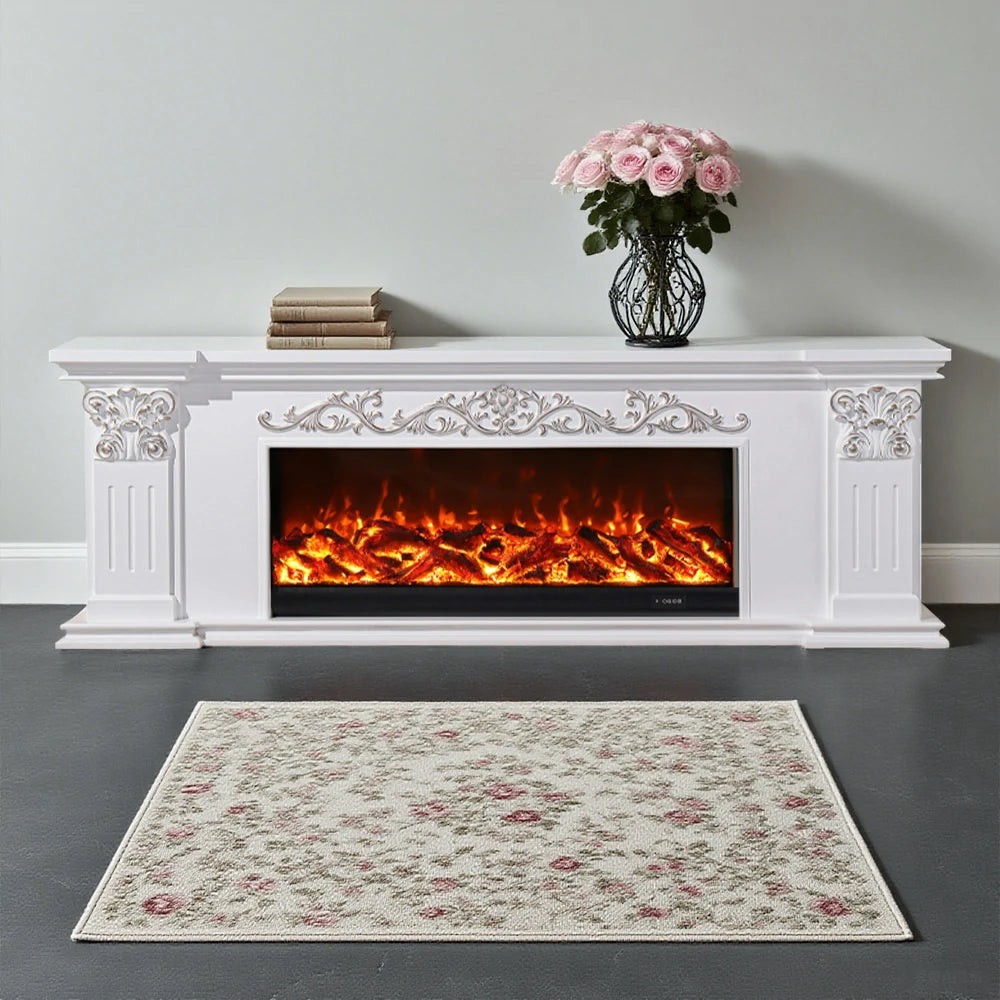 LIVARA 712 Electric Fireplace TV Cabinet – White Solid Wood Frame, 3D Flame Effect, Dual Core Options 12W/750–1500W, Remote Control, Low-Noise Design