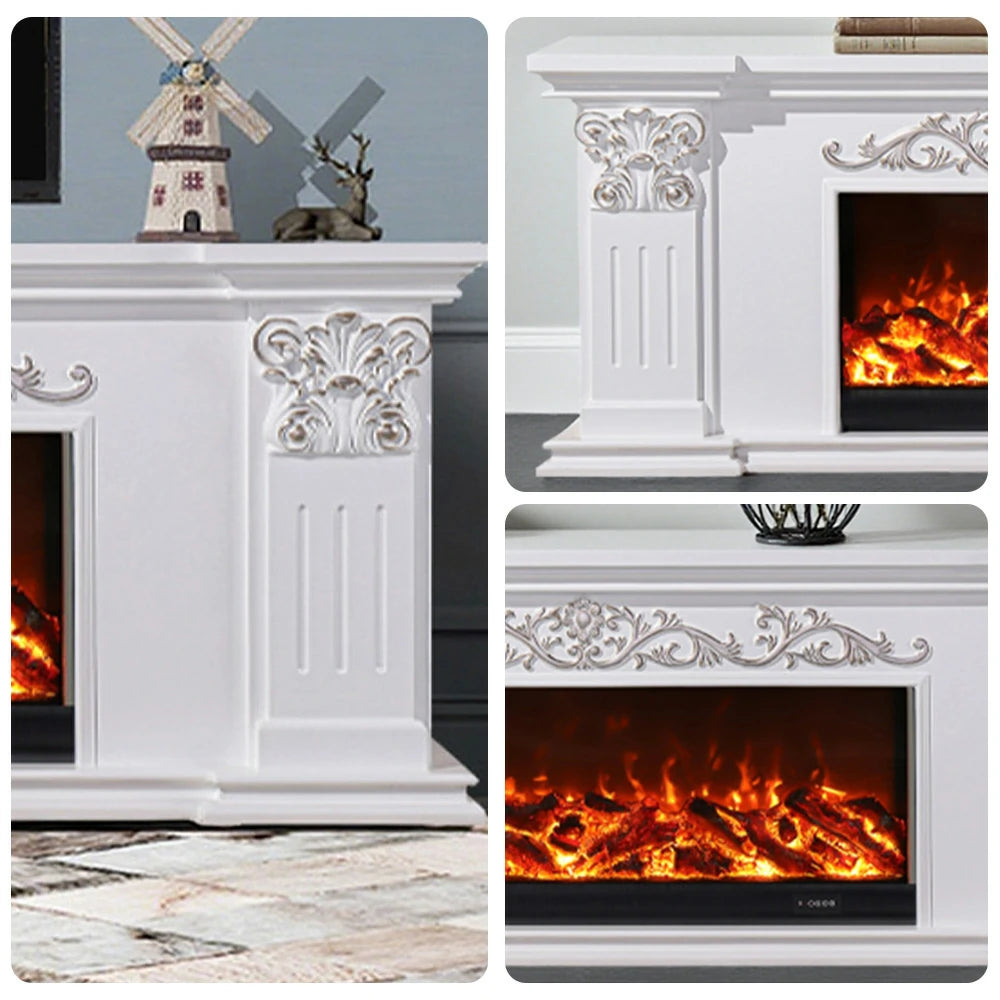 LIVARA 712 Electric Fireplace TV Cabinet – White Solid Wood Frame, 3D Flame Effect, Dual Core Options 12W/750–1500W, Remote Control, Low-Noise Design