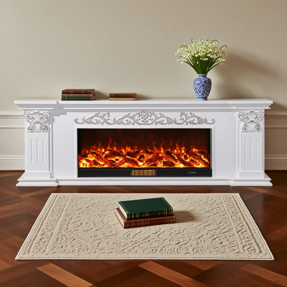 LIVARA 712 Electric Fireplace TV Cabinet – White Solid Wood Frame, 3D Flame Effect, Dual Core Options 12W/750–1500W, Remote Control, Low-Noise Design