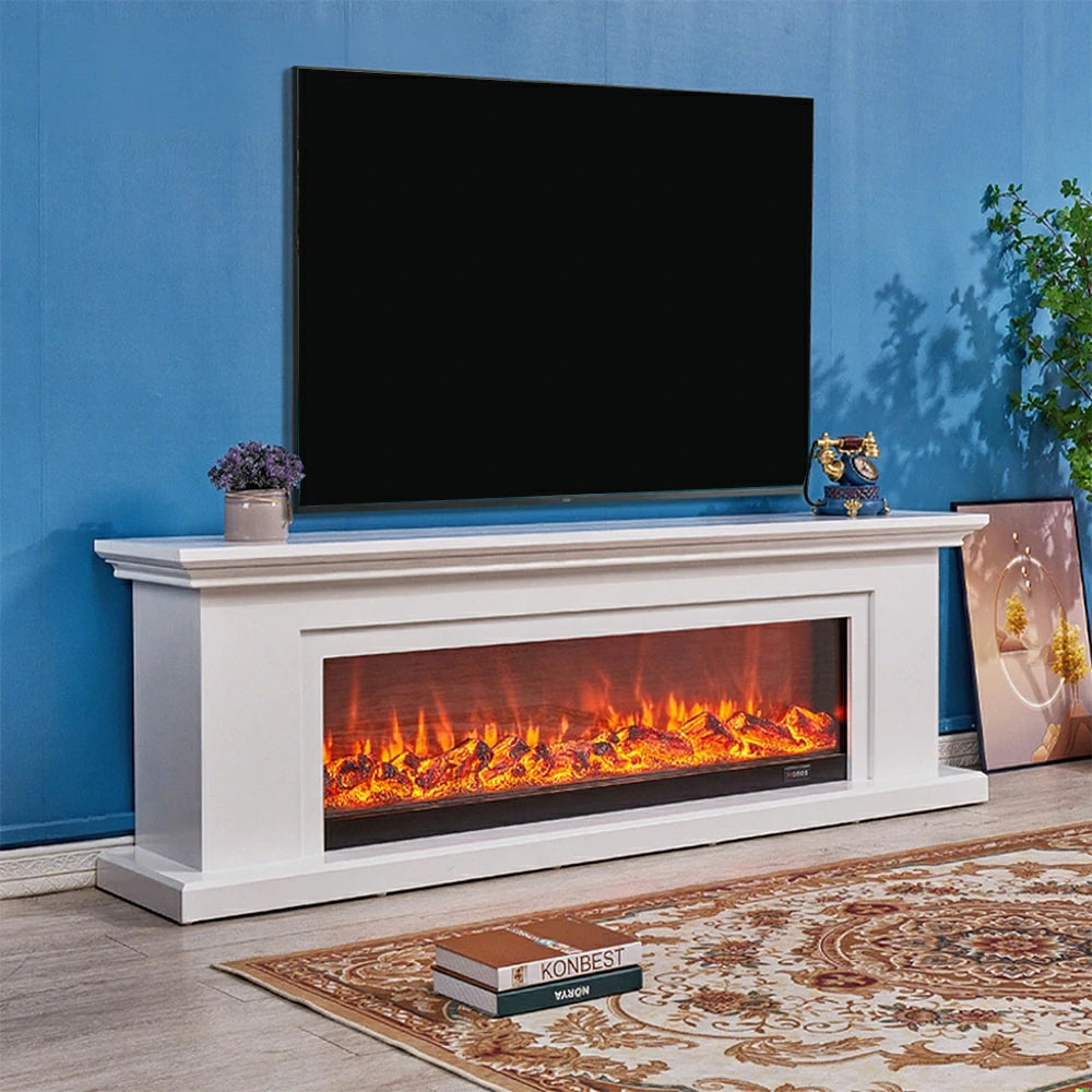 LIVARA 713 Electric Fireplace TV Console – Solid Wood Frame, 3D Flame Effect, Remote Control, Dual Core Options 12W/750–1500W - White