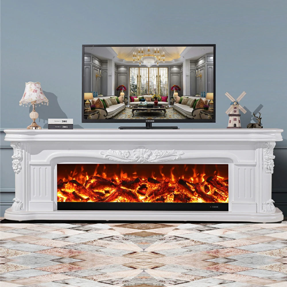 LIVARA 714 Electric Fireplace TV Cabinet - White Solid Wood Frame, 3D Flame Effect, Dual Core Options 12W/750–1500W - White