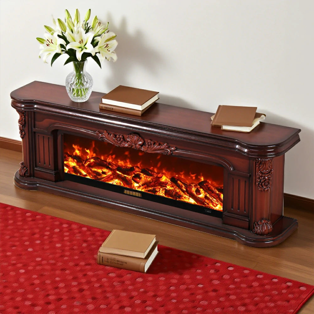 LIVARA 714 Electric Fireplace TV Cabinet - White Solid Wood Frame, 3D Flame Effect, Dual Core Options 12W/750–1500W - Brown