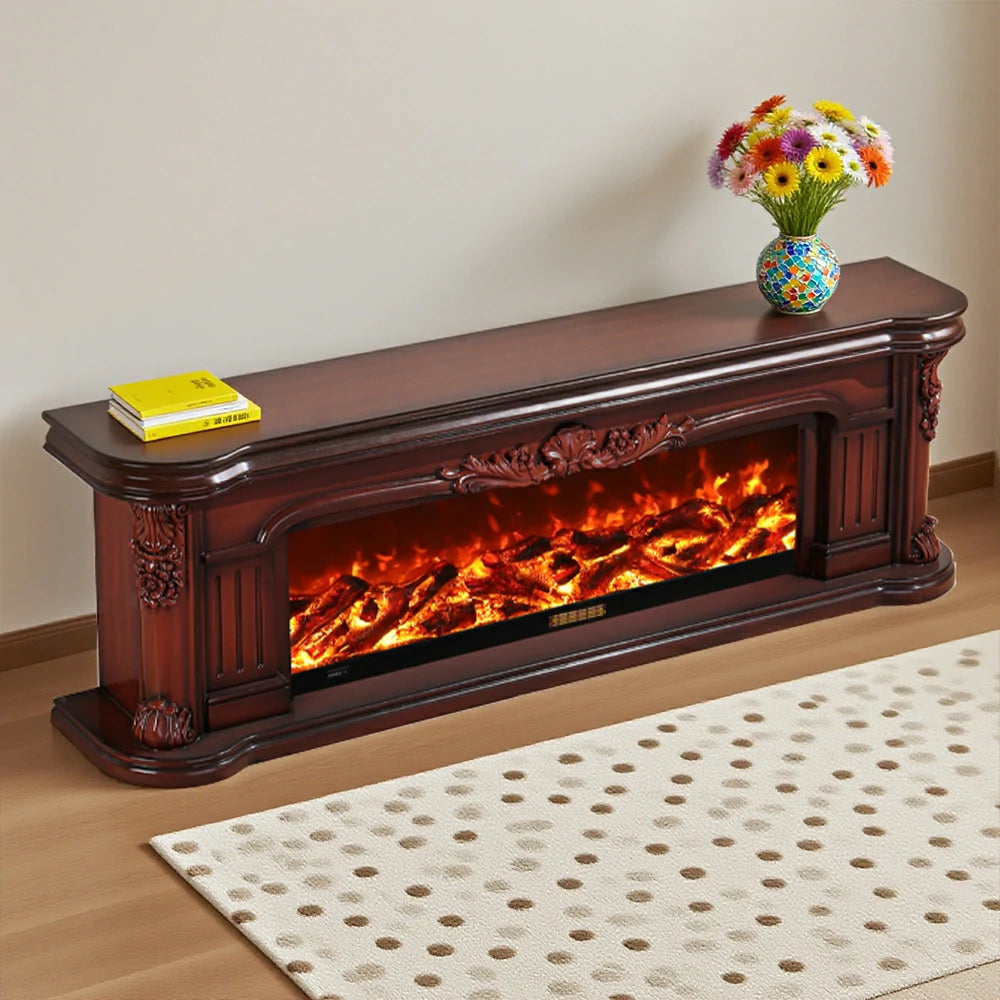 LIVARA 714 Electric Fireplace TV Cabinet - White Solid Wood Frame, 3D Flame Effect, Dual Core Options 12W/750–1500W - Brown