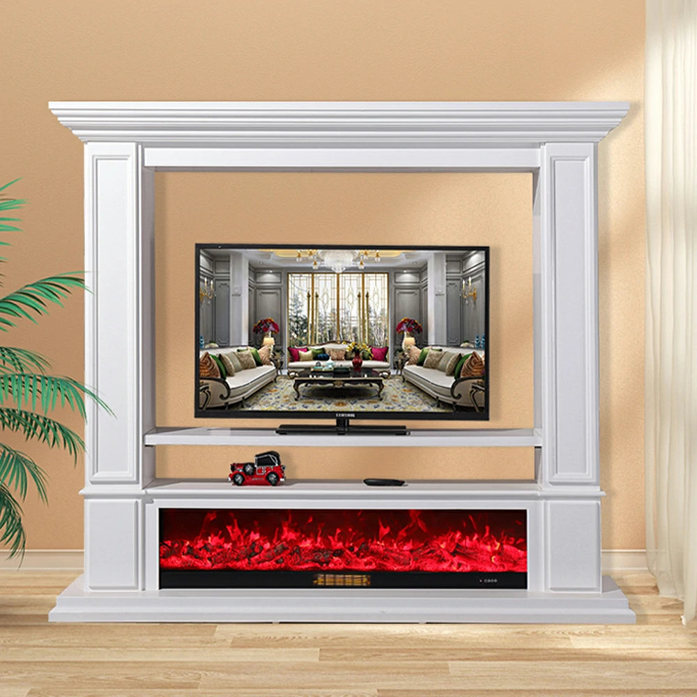 LIVARA 715 Electric Fireplace TV Cabinet – 180cm White Solid Wood Frame, 3D Flame Effect, Remote Control, Dual Core Options 12W/750–1500W - White