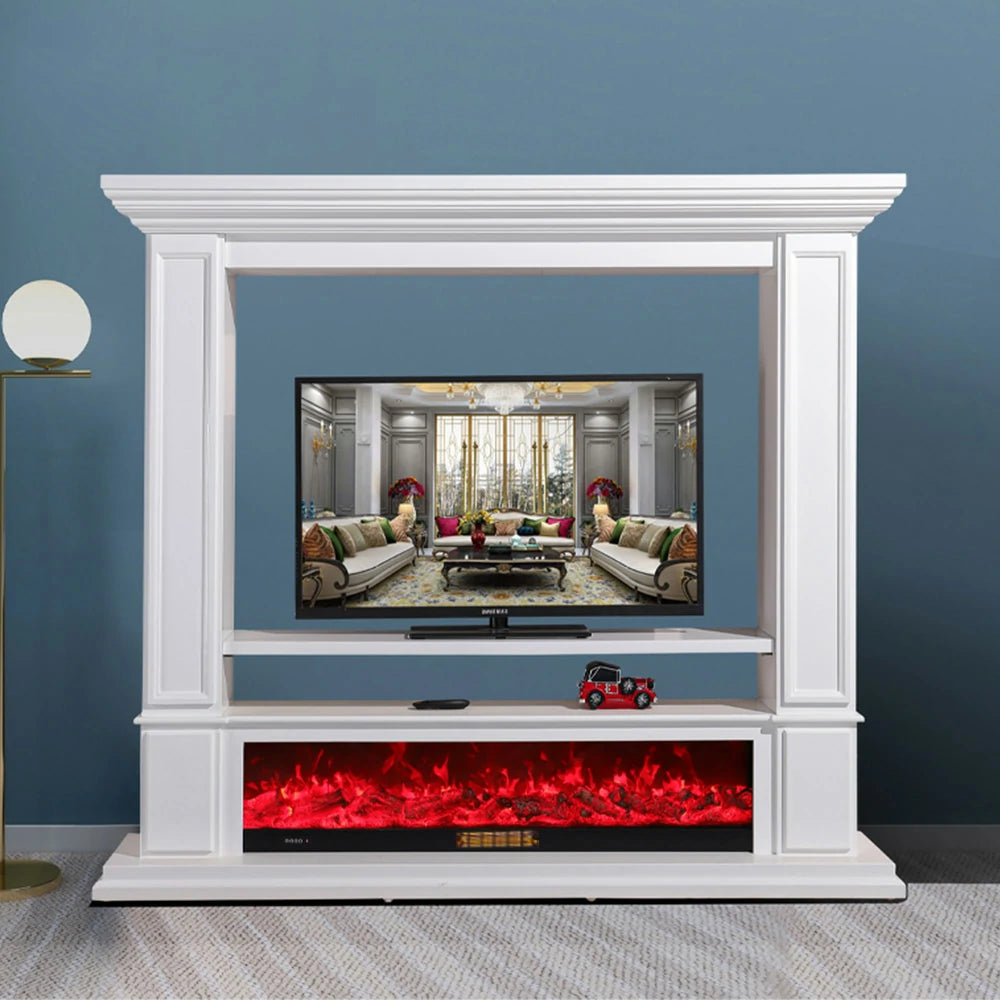 LIVARA 715 Electric Fireplace TV Cabinet – 180cm White Solid Wood Frame, 3D Flame Effect, Remote Control, Dual Core Options 12W/750–1500W - White