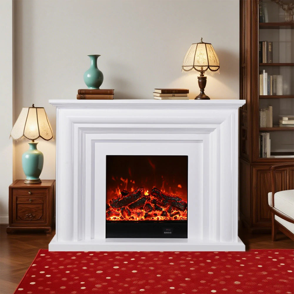 LIVARA 717 Electric Fireplace TV Cabinet – 180cm White Solid Wood Frame, 3D Flame Effect, Remote Control, Dual Core Options 12W/750–1500W - White