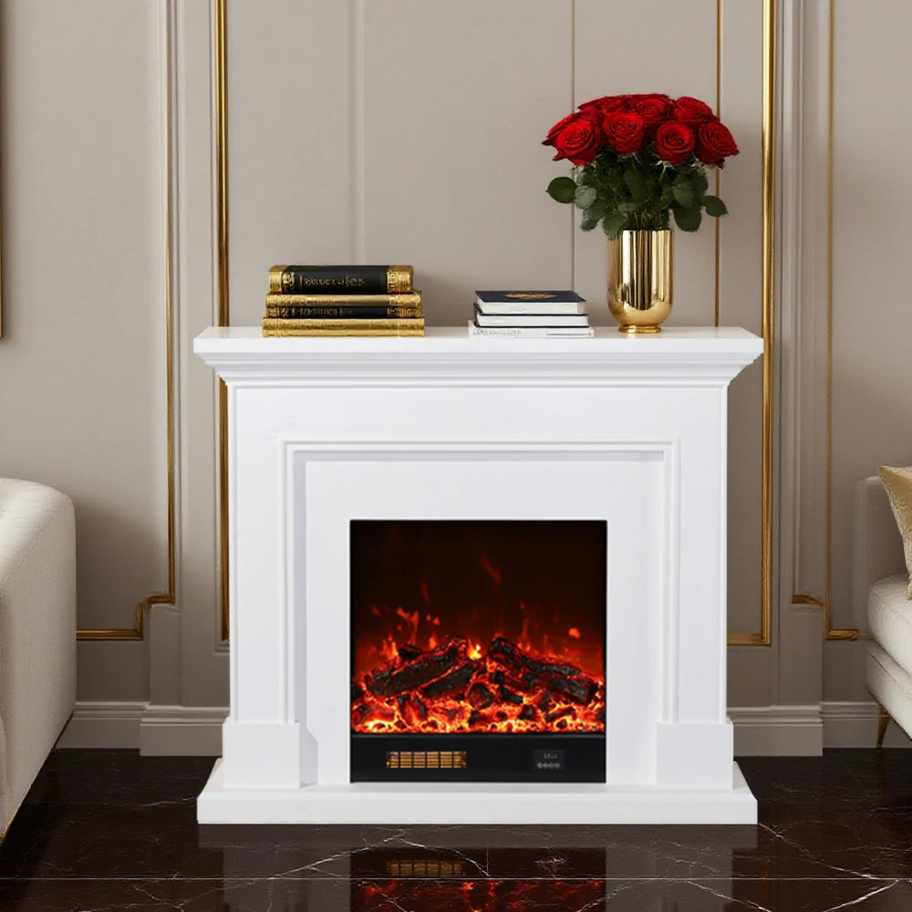 LIVARA 718 Electric Fireplace TV Cabinet – 180cm White Solid Wood Frame, 3D Flame Effect, Remote Control, Dual Core Options 12W/750–1500W - White