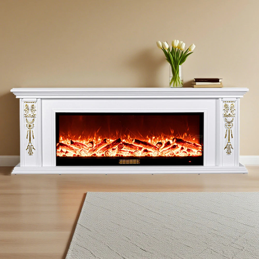 LIVARA 720B Electric Fireplace TV Cabinet – 180cm White Solid Wood Frame, 3D Flame Effect, Remote Control, Dual Core Options 12W/750–1500W