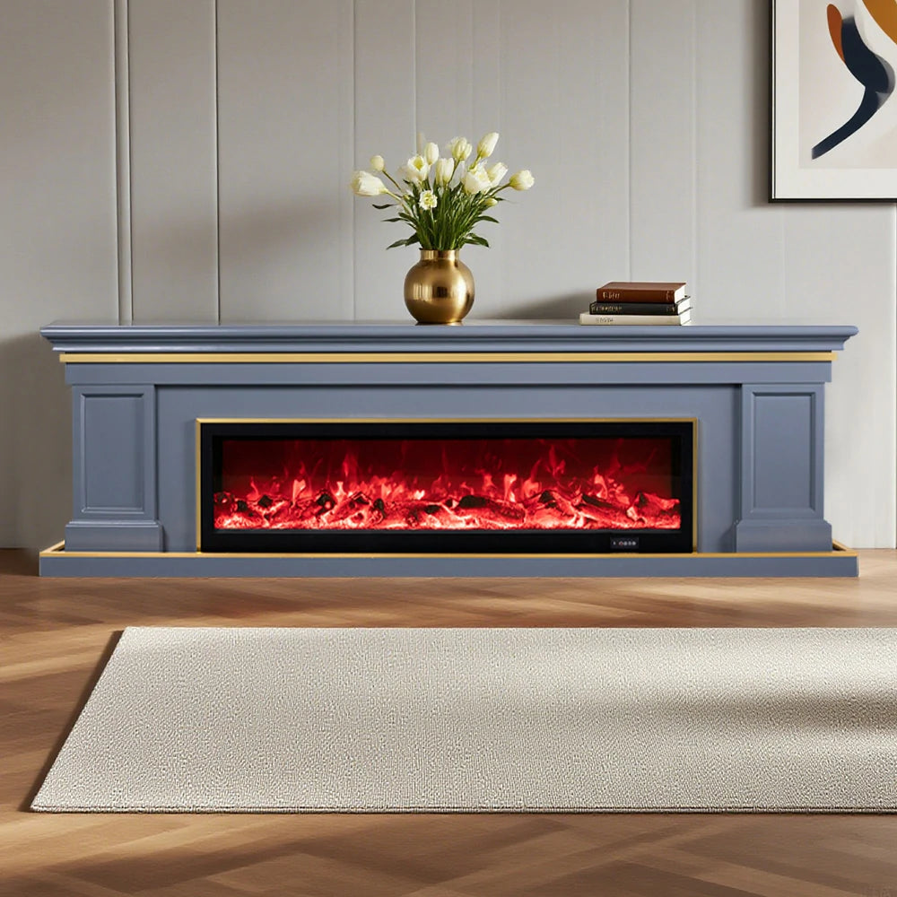 LIVARA 721 Electric Fireplace TV Cabinet – 180cm White Solid Wood Frame, 3D Flame Effect, Remote Control, Dual Core Options 12W/750–1500W - Grey