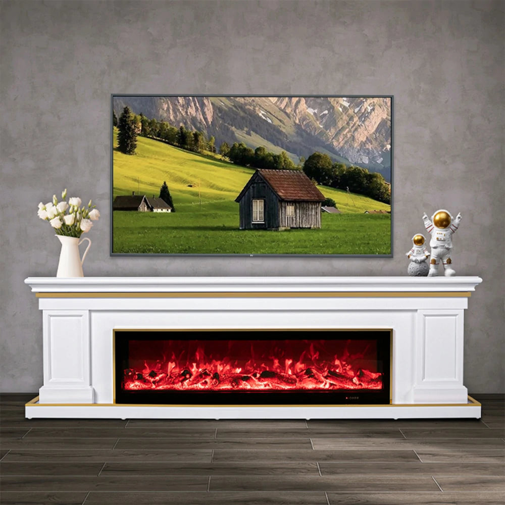 LIVARA 721 Electric Fireplace TV Cabinet – 180cm White Solid Wood Frame, 3D Flame Effect, Remote Control, Dual Core Options 12W/750–1500W - White