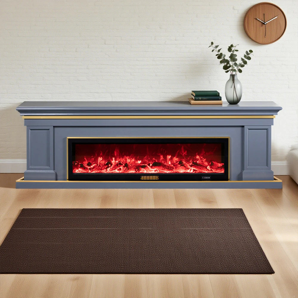 LIVARA 721 Electric Fireplace TV Cabinet – 180cm White Solid Wood Frame, 3D Flame Effect, Remote Control, Dual Core Options 12W/750–1500W - Grey