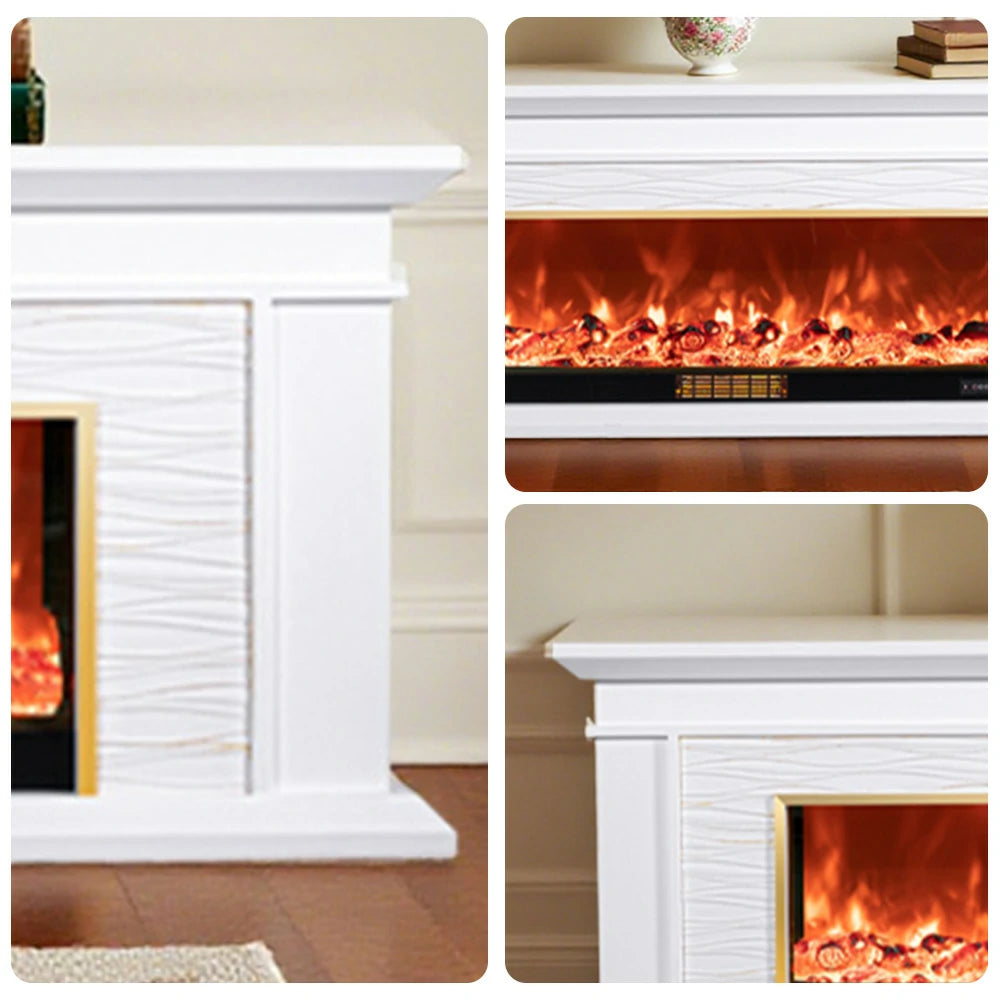 LIVARA 726 Electric Fireplace TV Cabinet – 180cm White Solid Wood Frame, 3D Flame Effect, Remote Control, Dual Core Options 12W/750–1500W