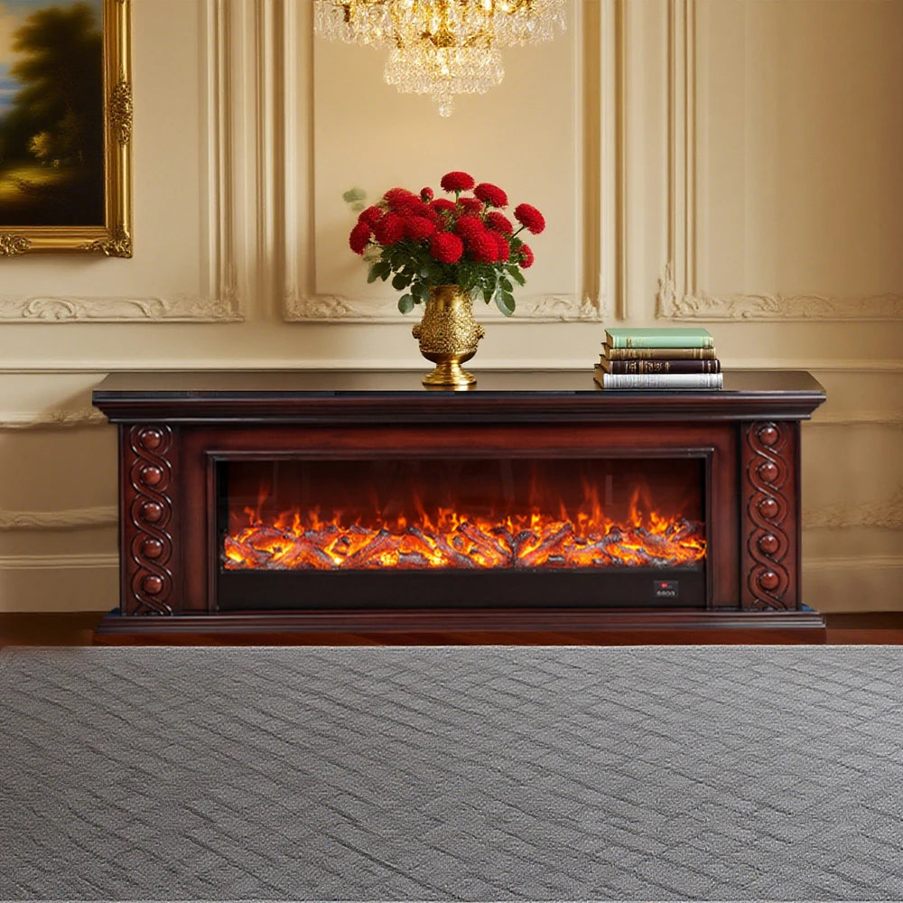 LIVARA 742 Electric Fireplace TV Cabinet – 180cm Solid Wood Frame, 3D Flame Effect, Remote Control, Dual Core Options 12W/750–1500W - Brown