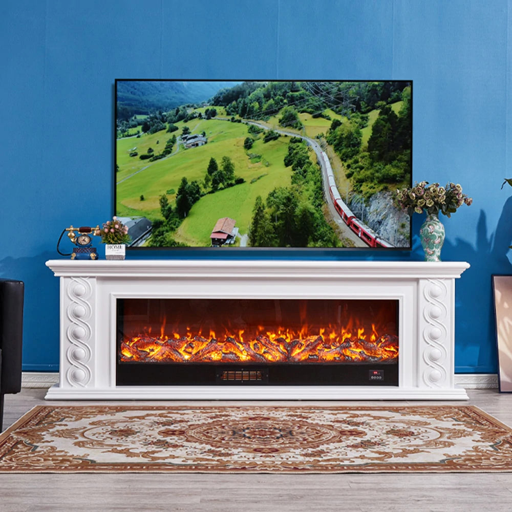 LIVARA 742 Electric Fireplace TV Cabinet – 180cm Solid Wood Frame, 3D Flame Effect, Remote Control, Dual Core Options 12W/750–1500W - White