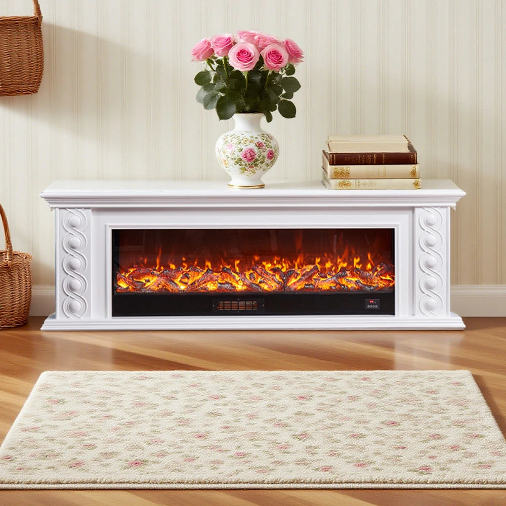 LIVARA 742 Electric Fireplace TV Cabinet – 180cm Solid Wood Frame, 3D Flame Effect, Remote Control, Dual Core Options 12W/750–1500W - White