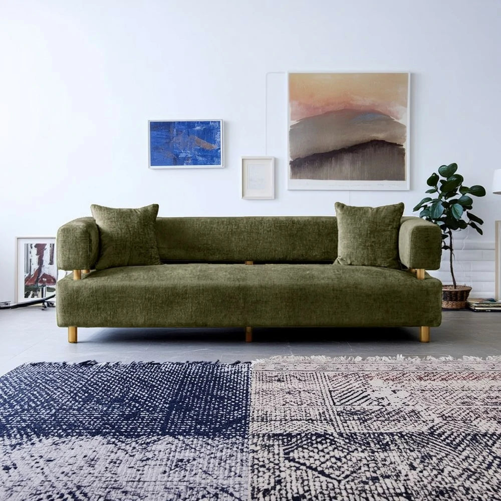 LUXORA Sofa Chenille Fabric Upholstery Solid Wood Frame with Gold Stainless Steel Legs Modern Style - Green