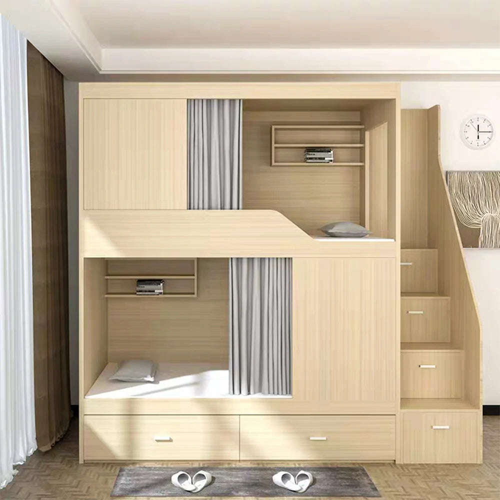 LUXORA Dormitory Bunk Bed - 90/120cm Luxury Staircase Design, Eco-Friendly Board, Built-In Storage Shelves & Shoe Cabinet, Safe Guardrails - Natural Finish