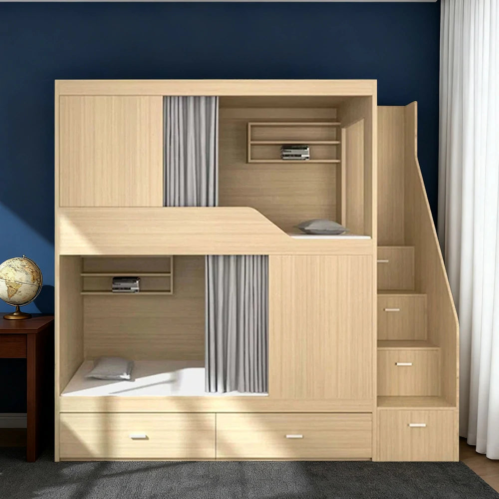 LUXORA Dormitory Bunk Bed - 90/120cm Luxury Staircase Design, Eco-Friendly Board, Built-In Storage Shelves & Shoe Cabinet, Safe Guardrails - Natural Finish