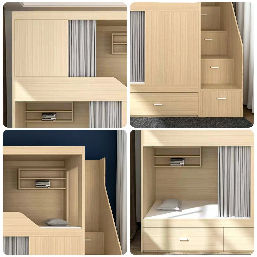 LUXORA Dormitory Bunk Bed - 90/120cm Luxury Staircase Design, Eco-Friendly Board, Built-In Storage Shelves & Shoe Cabinet, Safe Guardrails - Natural Finish