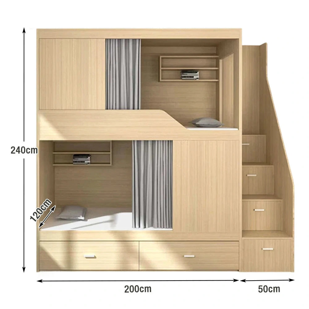 LUXORA Dormitory Bunk Bed - 90/120cm Luxury Staircase Design, Eco-Friendly Board, Built-In Storage Shelves & Shoe Cabinet, Safe Guardrails - Natural Finish