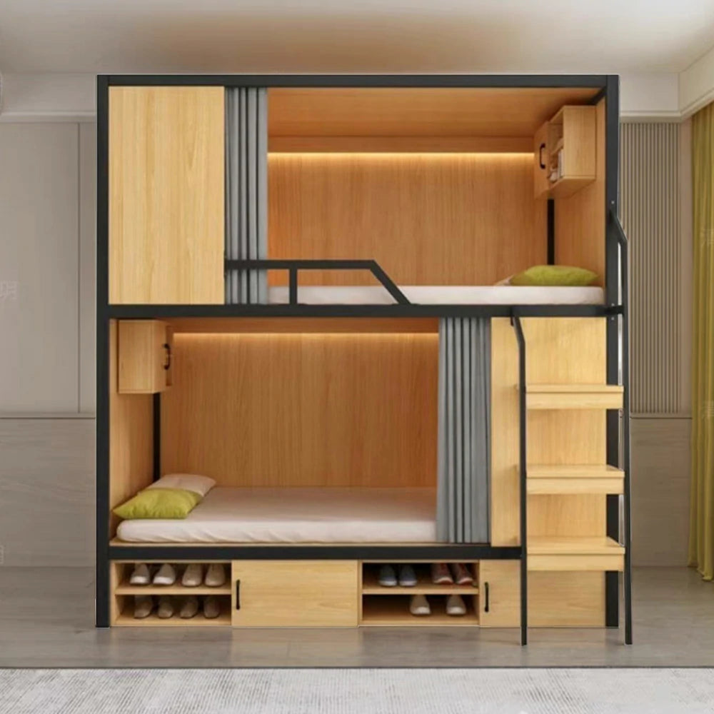 LUXORA Dormitory Bunk Bed - 90/120cm Luxury Steel-Wood Design, Eco-Friendly Board, Built-In Storage Shelves & Shoe Cabinet, High Guardrails with Ladder - Natural Finish