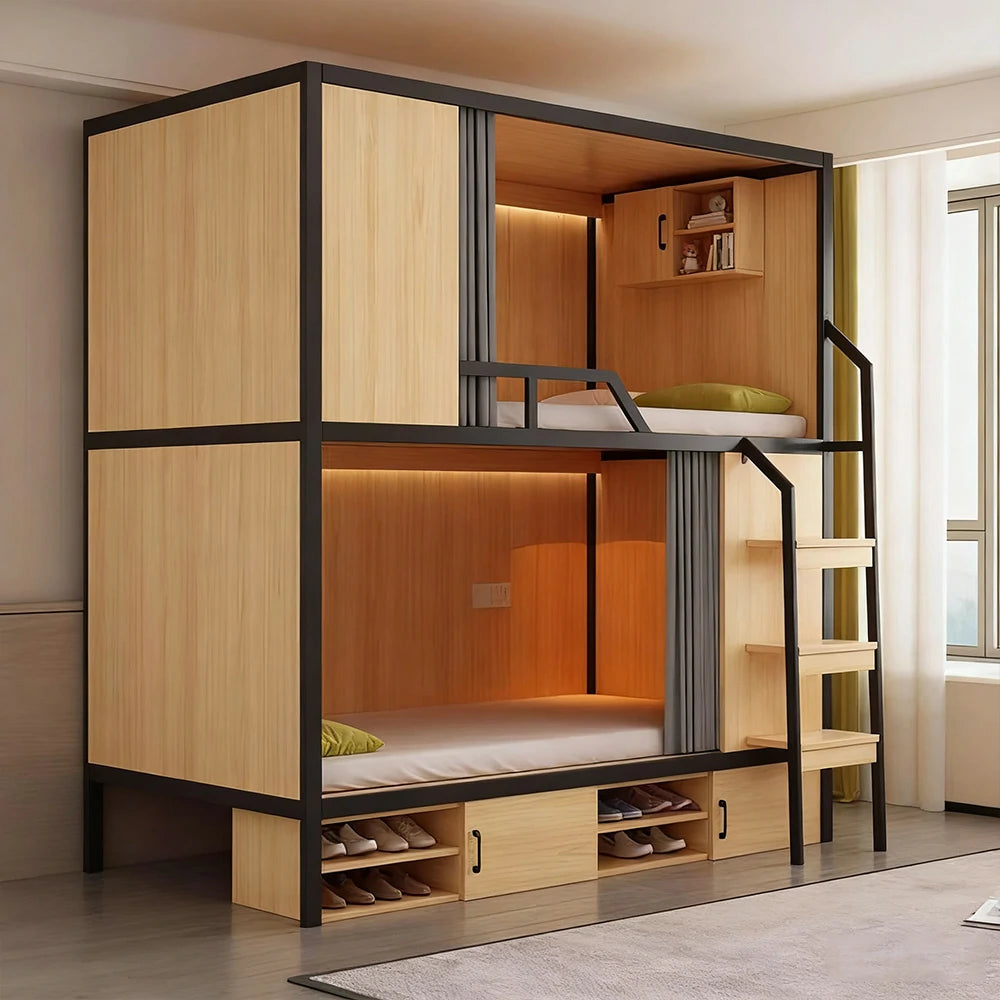 LUXORA Dormitory Bunk Bed - 90/120cm Luxury Steel-Wood Design, Eco-Friendly Board, Built-In Storage Shelves & Shoe Cabinet, High Guardrails with Ladder - Natural Finish