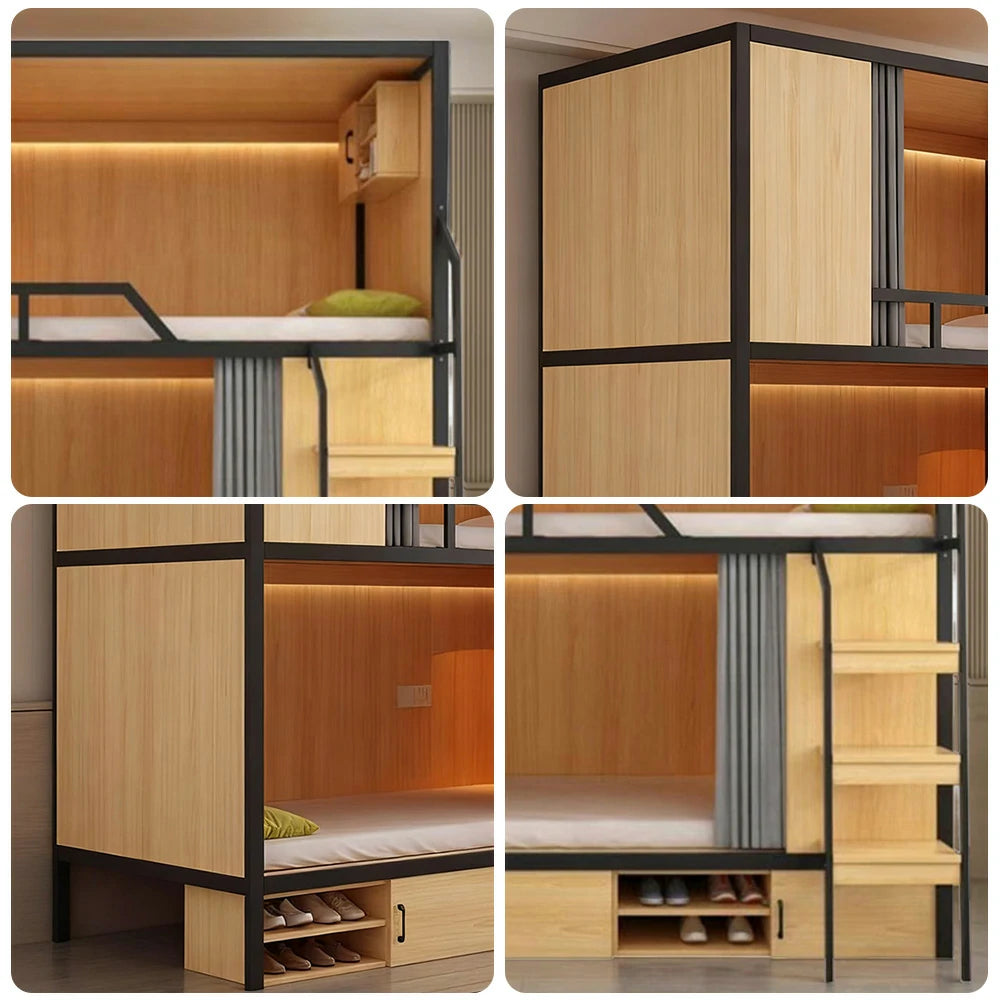 LUXORA Dormitory Bunk Bed - 90/120cm Luxury Steel-Wood Design, Eco-Friendly Board, Built-In Storage Shelves & Shoe Cabinet, High Guardrails with Ladder - Natural Finish