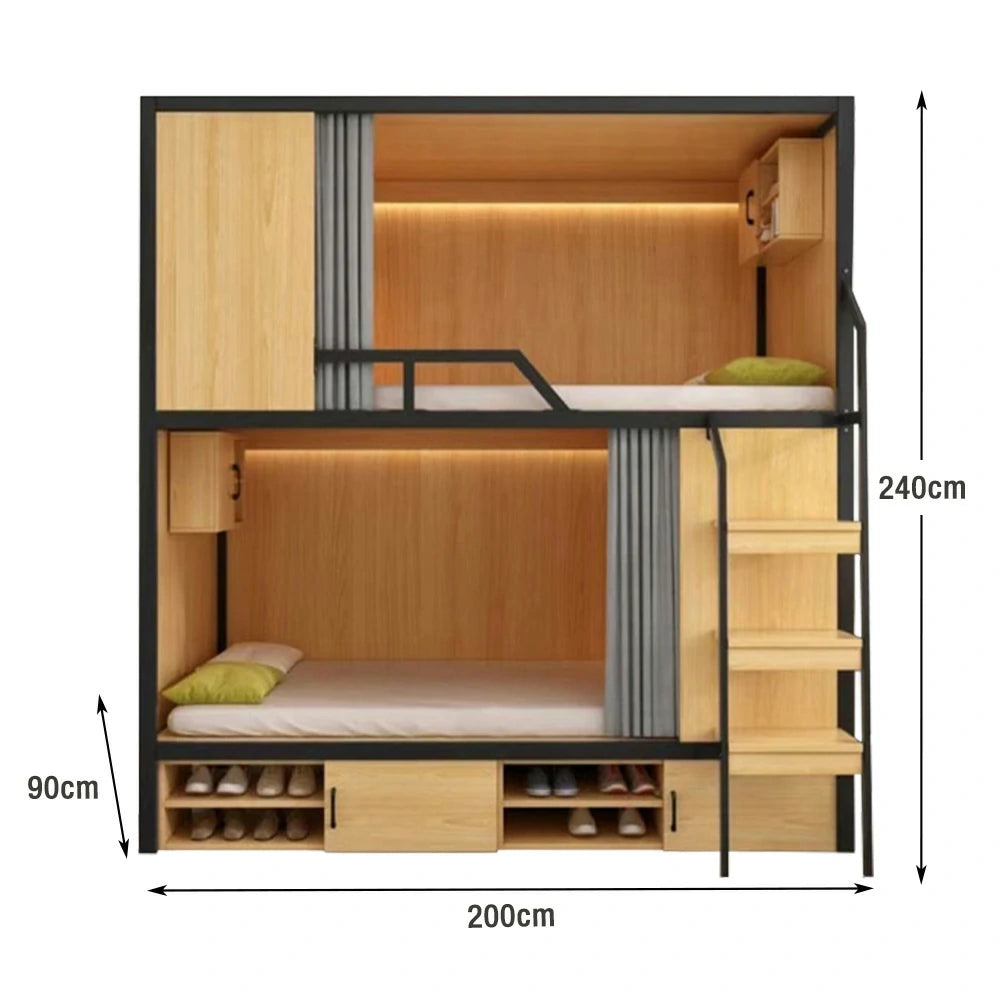 LUXORA Dormitory Bunk Bed - 90/120cm Luxury Steel-Wood Design, Eco-Friendly Board, Built-In Storage Shelves & Shoe Cabinet, High Guardrails with Ladder - Natural Finish