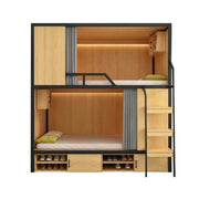 LUXORA Dormitory Bunk Bed - 90/120cm Luxury Steel-Wood Design, Eco-Friendly Board, Built-In Storage Shelves & Shoe Cabinet, High Guardrails with Ladder - Natural Finish