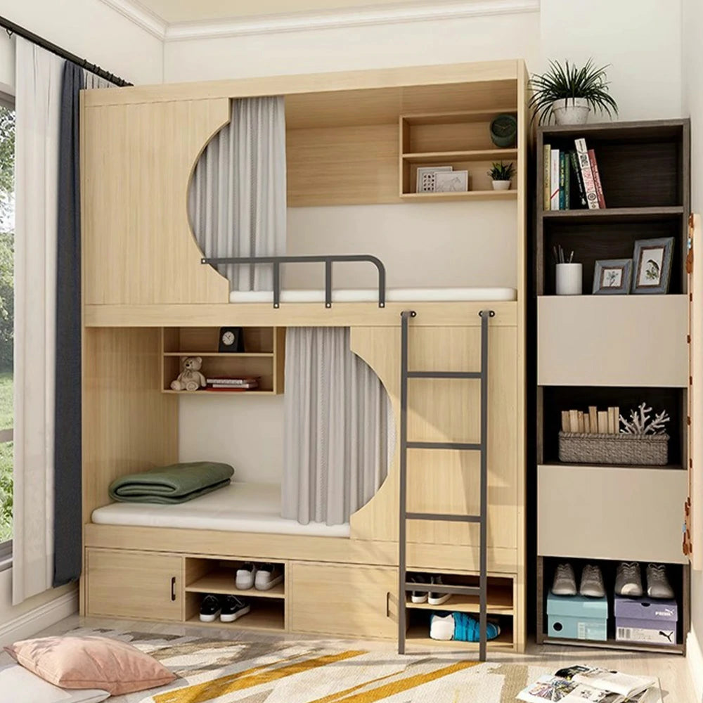 LUXORA Dormitory Bunk Bed – 90/120cm Crescent Design, Eco-Friendly Board, Built-In Storage Cabinets & Shelves, Safe Guardrails with Ladder - Natural Wood