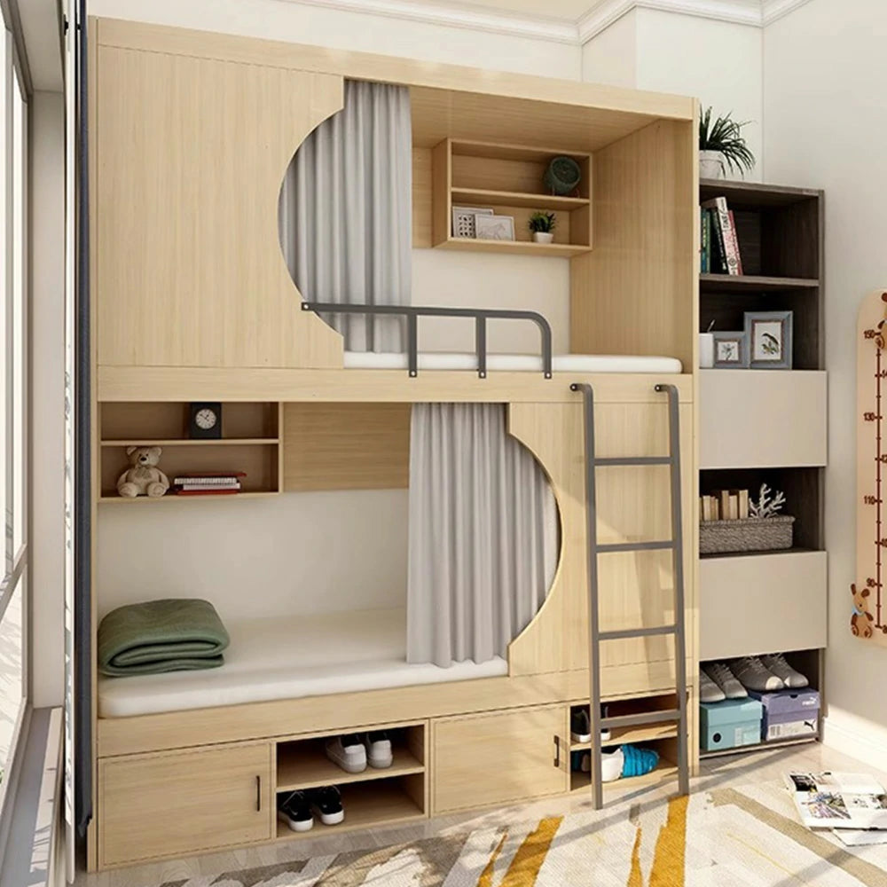 LUXORA Dormitory Bunk Bed – 90/120cm Crescent Design, Eco-Friendly Board, Built-In Storage Cabinets & Shelves, Safe Guardrails with Ladder - Natural Wood
