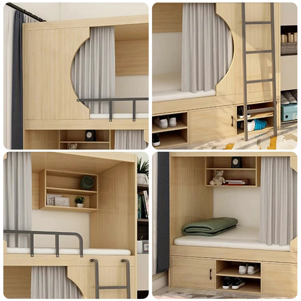 LUXORA Dormitory Bunk Bed – 90/120cm Crescent Design, Eco-Friendly Board, Built-In Storage Cabinets & Shelves, Safe Guardrails with Ladder - Natural Wood