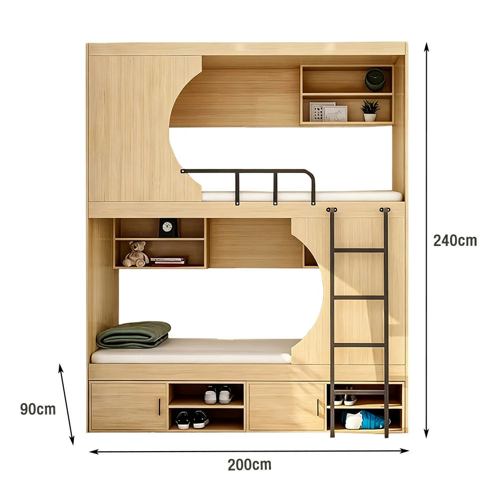 LUXORA Dormitory Bunk Bed – 90/120cm Crescent Design, Eco-Friendly Board, Built-In Storage Cabinets & Shelves, Safe Guardrails with Ladder - Natural Wood