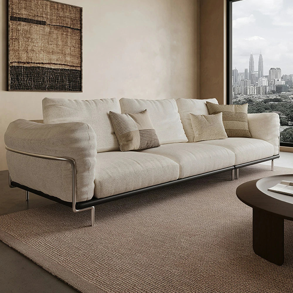 LIVARA 218cm 3-Seater Sofa, Cotton-Linen Upholstery with Cat-Scratch-Resistant Fabric, Down & High-Density Sponge Filling, Solid Wood Frame, Ergonomic Wide Armrests - Beige