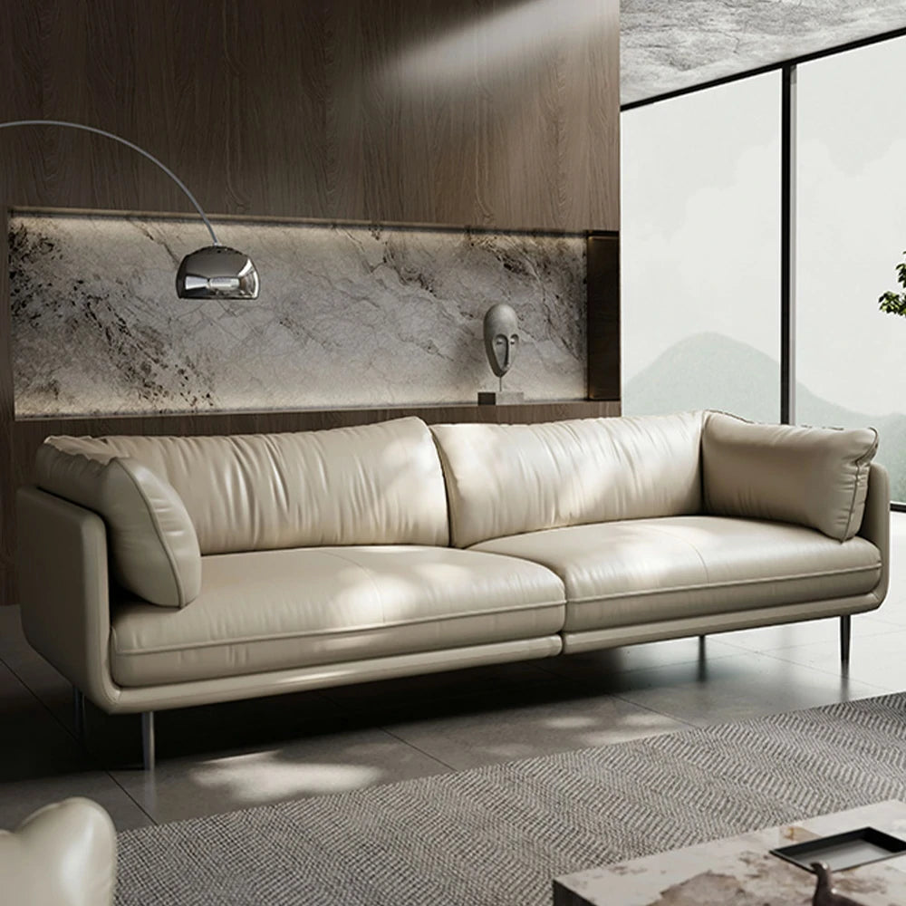 LIVARA 218cm 3-Seater Sofa, Top-Grain Leather Upholstery, Washable Latex & Sponge Cushion, Ergonomic Curved Design, Upgraded Solid Wood Frame - Beige