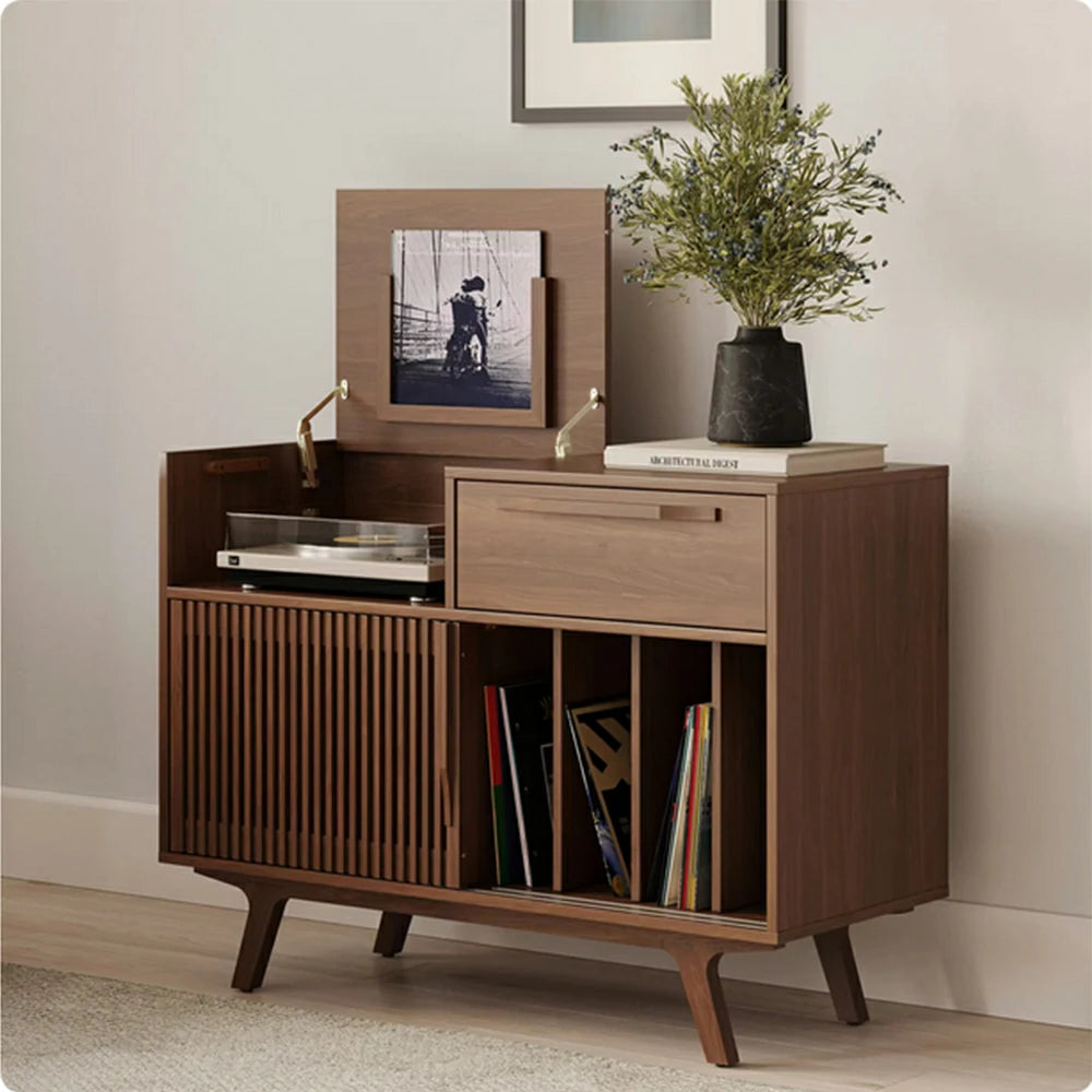 LUXORA Nordic Fluted Storage Cabinet - Solid Wood Sideboard with Drawer, Open Shelf & Double Sliding Doors, Raised Legs Console Unit - Walnut