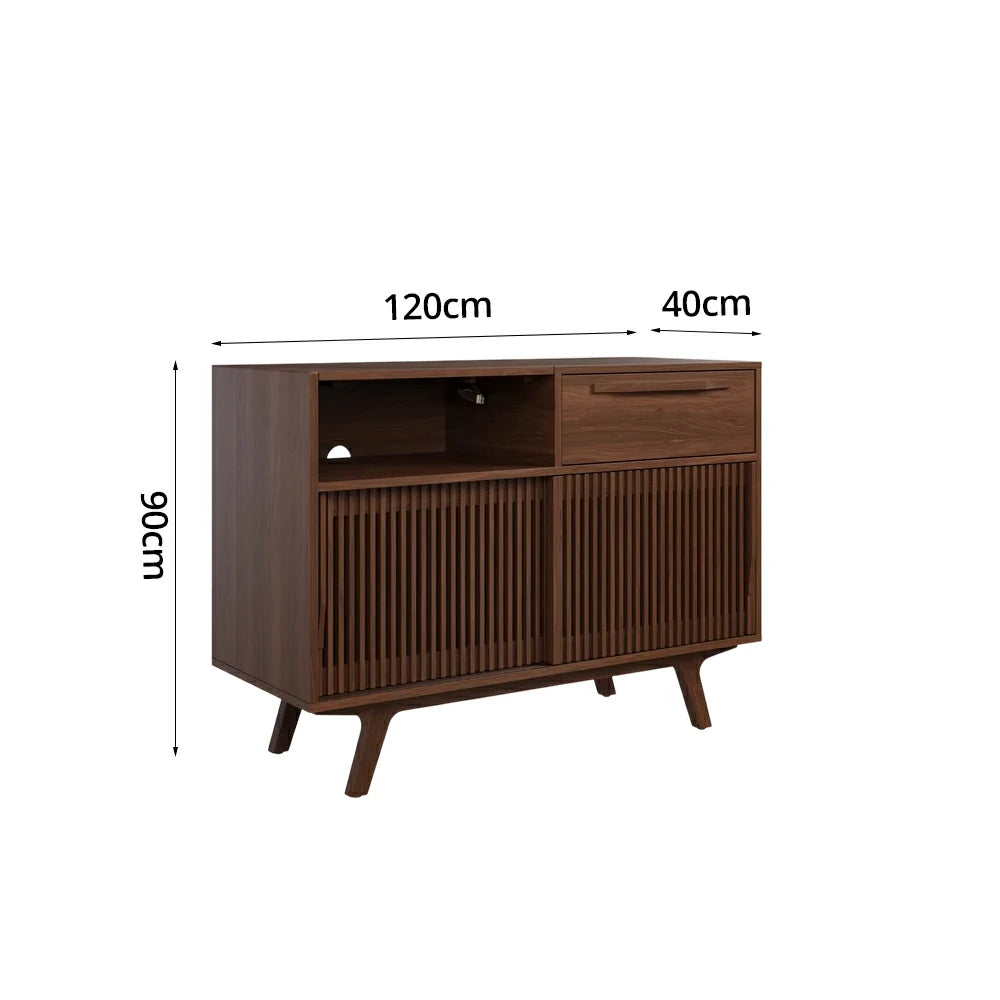 LUXORA Nordic Fluted Storage Cabinet - Solid Wood Sideboard with Drawer, Open Shelf & Double Sliding Doors, Raised Legs Console Unit - Walnut