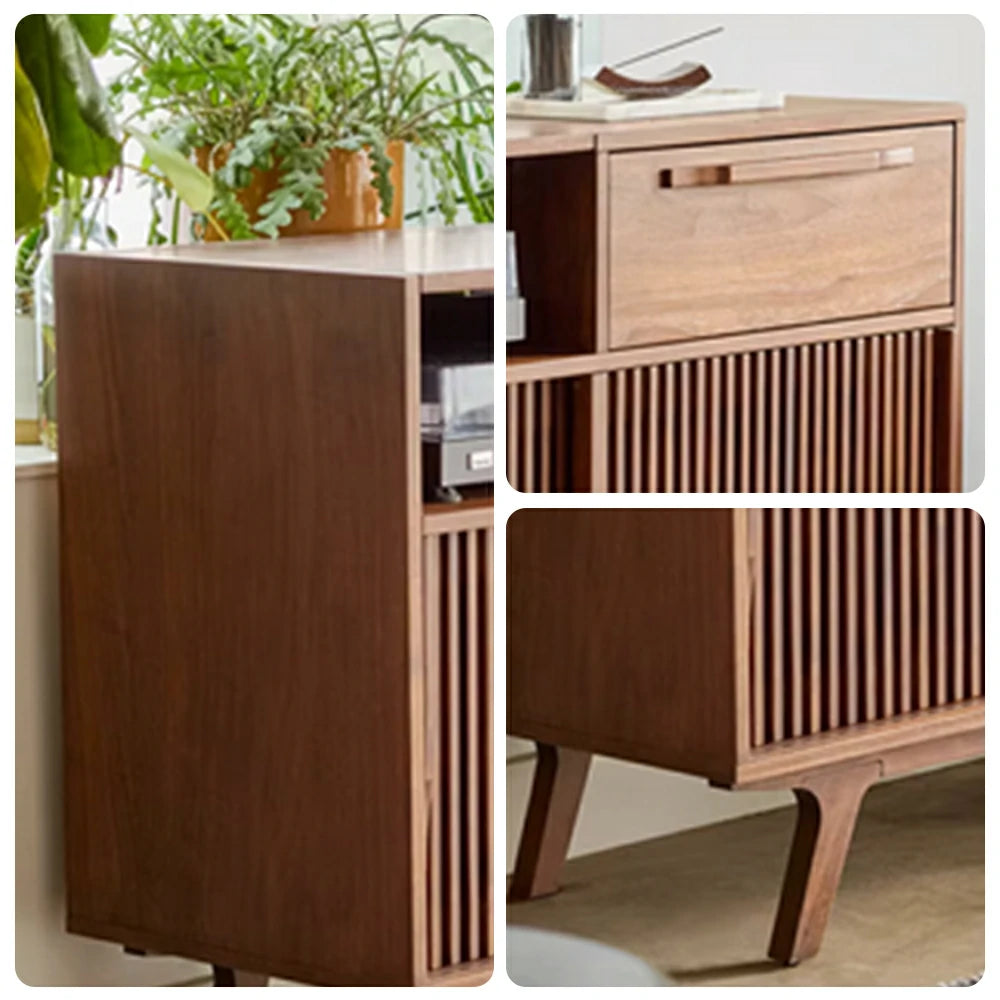 LUXORA Nordic Fluted Storage Cabinet - Solid Wood Sideboard with Drawer, Open Shelf & Double Sliding Doors, Raised Legs Console Unit - Walnut